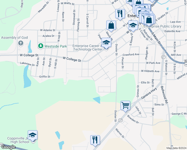 map of restaurants, bars, coffee shops, grocery stores, and more near 816 Crawford Street in Enterprise