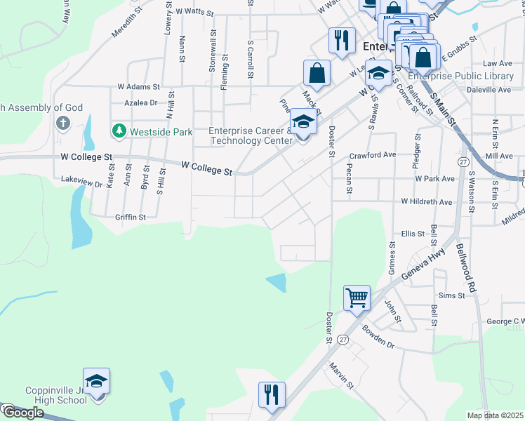 map of restaurants, bars, coffee shops, grocery stores, and more near 816 Crawford Avenue in Enterprise
