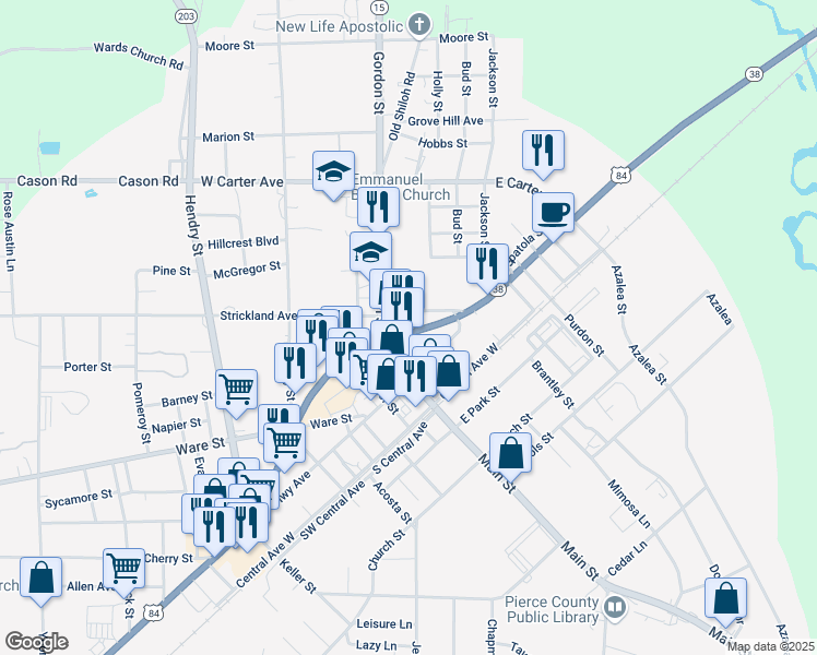 map of restaurants, bars, coffee shops, grocery stores, and more near 3586 U.S. 84 in Blackshear