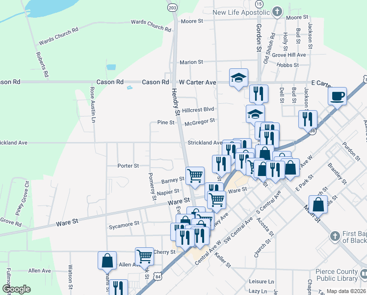 map of restaurants, bars, coffee shops, grocery stores, and more near Hendry Street in Blackshear
