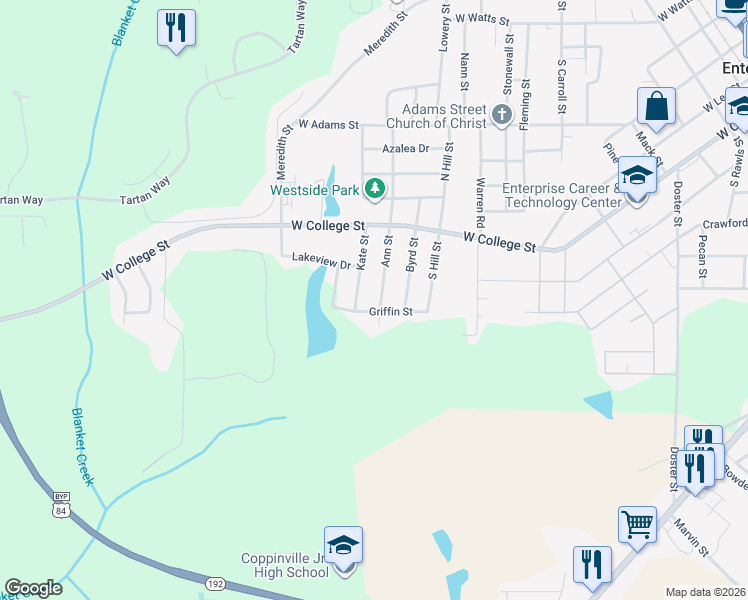 map of restaurants, bars, coffee shops, grocery stores, and more near 120 Ann Street in Enterprise
