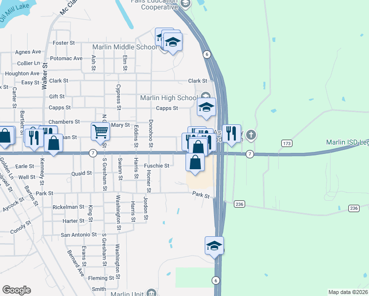 map of restaurants, bars, coffee shops, grocery stores, and more near 1301-1407 Live Oak Street in Marlin