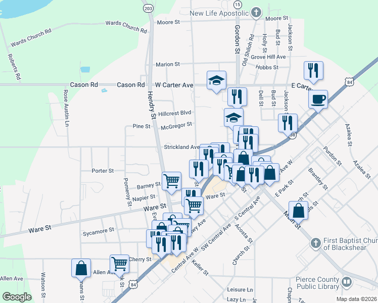 map of restaurants, bars, coffee shops, grocery stores, and more near 307 Strickland Avenue in Blackshear