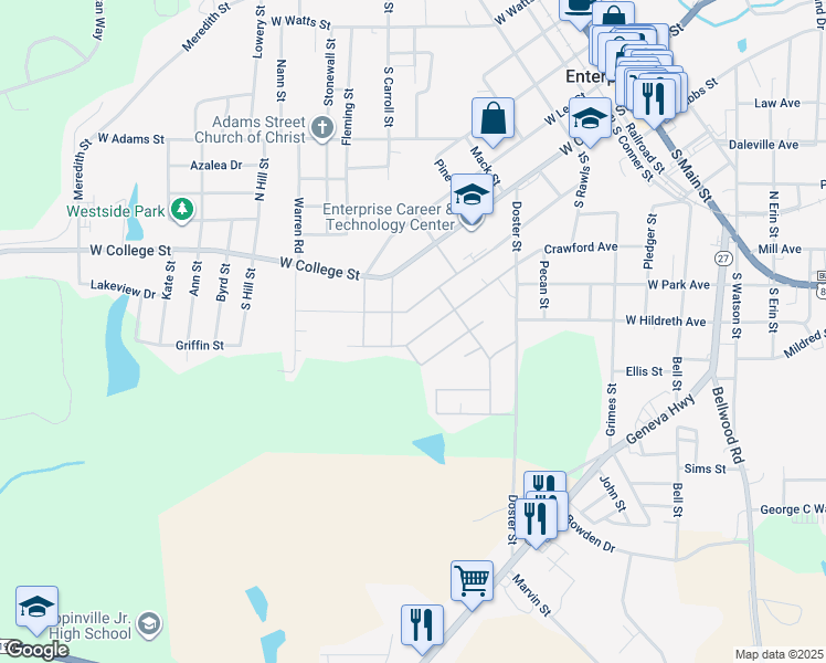 map of restaurants, bars, coffee shops, grocery stores, and more near 816 Crawford Avenue in Enterprise