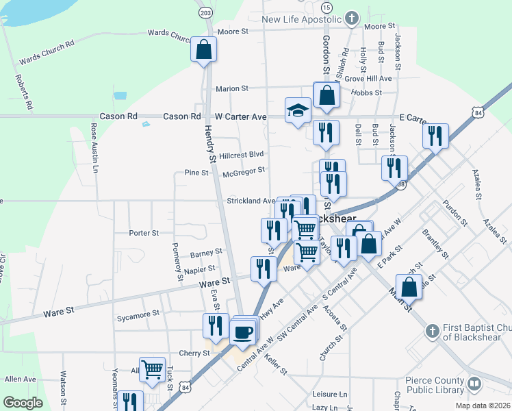 map of restaurants, bars, coffee shops, grocery stores, and more near 307 Strickland Avenue in Blackshear