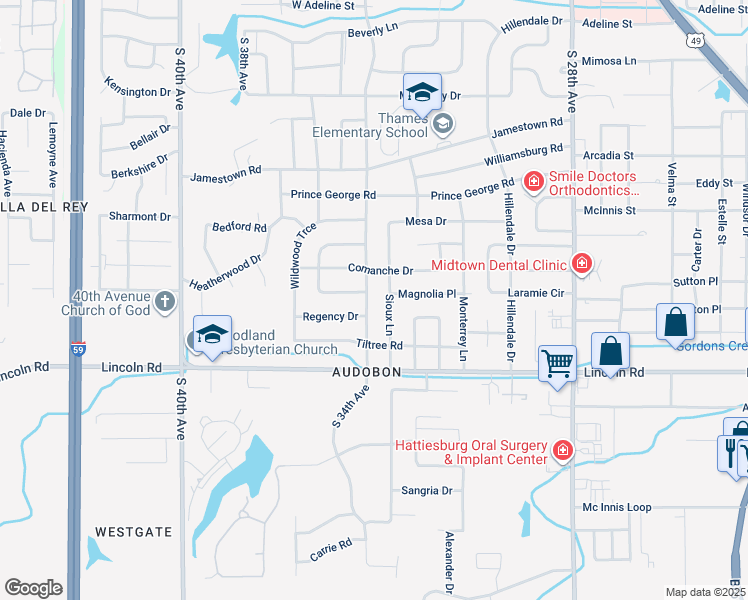 map of restaurants, bars, coffee shops, grocery stores, and more near 906 South 34th Avenue in Hattiesburg