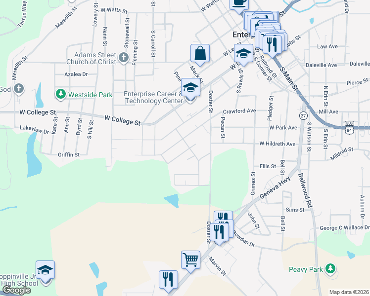 map of restaurants, bars, coffee shops, grocery stores, and more near 806 Goodson Street in Enterprise