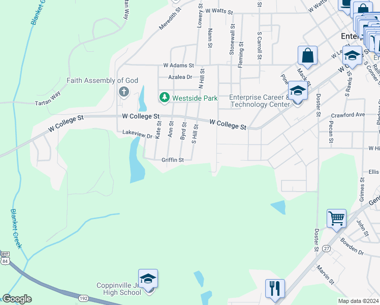 map of restaurants, bars, coffee shops, grocery stores, and more near 113 North Hill Street in Enterprise