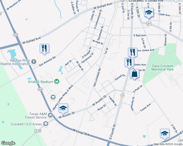 map of restaurants, bars, coffee shops, grocery stores, and more near 1100 Martin Luther King Junior Boulevard in Crockett