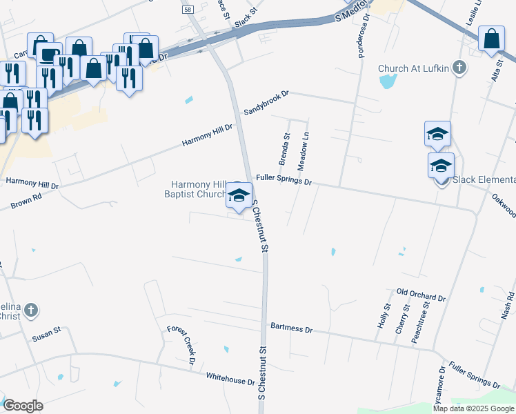 map of restaurants, bars, coffee shops, grocery stores, and more near 2909 South Chestnut Street in Lufkin