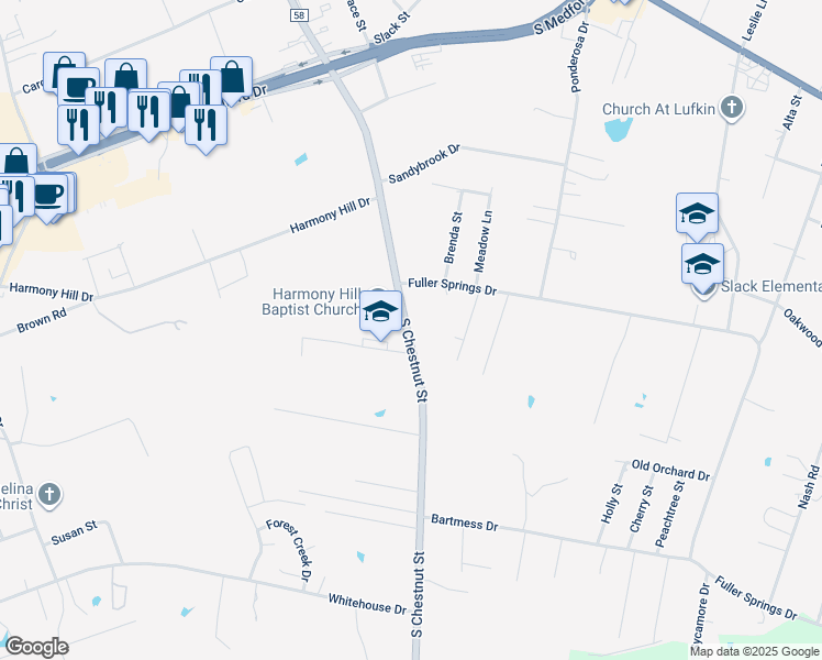 map of restaurants, bars, coffee shops, grocery stores, and more near 2909 South Chestnut Street in Lufkin