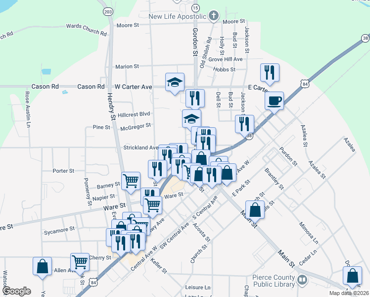 map of restaurants, bars, coffee shops, grocery stores, and more near 205 Strickland Avenue in Blackshear