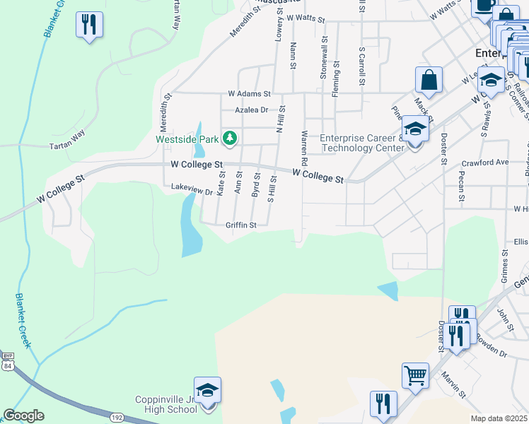 map of restaurants, bars, coffee shops, grocery stores, and more near 112 South Hill Street in Enterprise