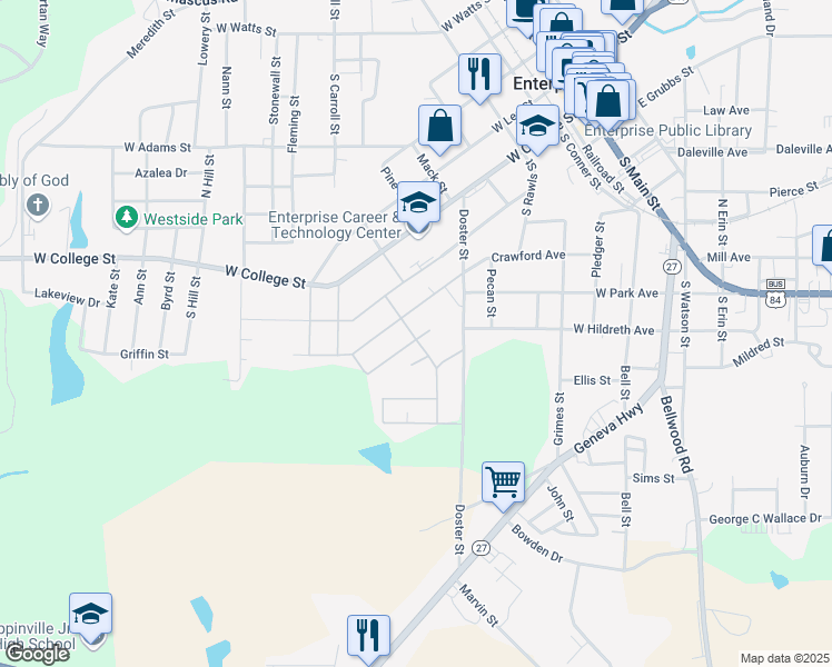 map of restaurants, bars, coffee shops, grocery stores, and more near 804 Goodson Street in Enterprise