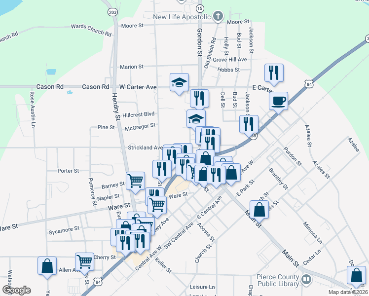 map of restaurants, bars, coffee shops, grocery stores, and more near 205 Strickland Avenue in Blackshear