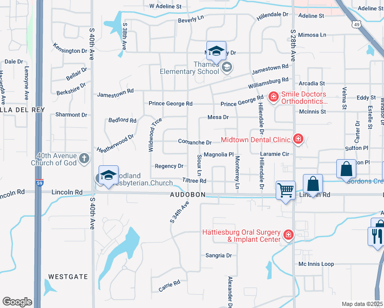 map of restaurants, bars, coffee shops, grocery stores, and more near 906 South 34th Avenue in Hattiesburg