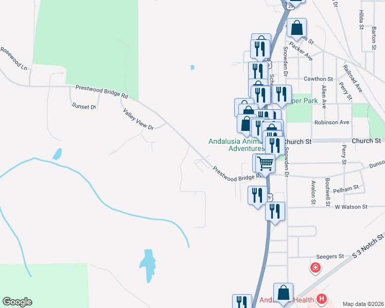 map of restaurants, bars, coffee shops, grocery stores, and more near 1019 Prestwood Bridge Road in Andalusia