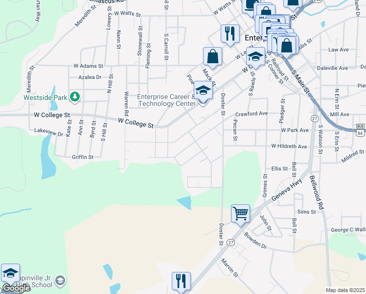 map of restaurants, bars, coffee shops, grocery stores, and more near 806 Goodson Street in Enterprise