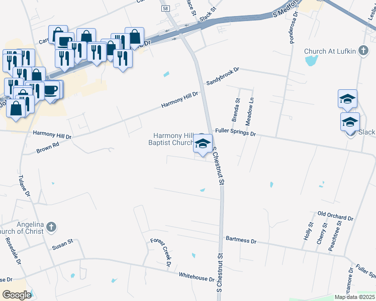 map of restaurants, bars, coffee shops, grocery stores, and more near 1404 Rice Drive in Lufkin