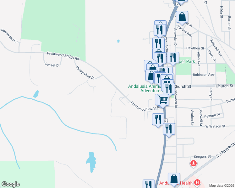 map of restaurants, bars, coffee shops, grocery stores, and more near 1019 Prestwood Bridge Road in Andalusia