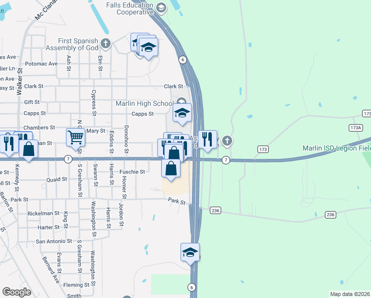 map of restaurants, bars, coffee shops, grocery stores, and more near 1427 Live Oak St in Marlin