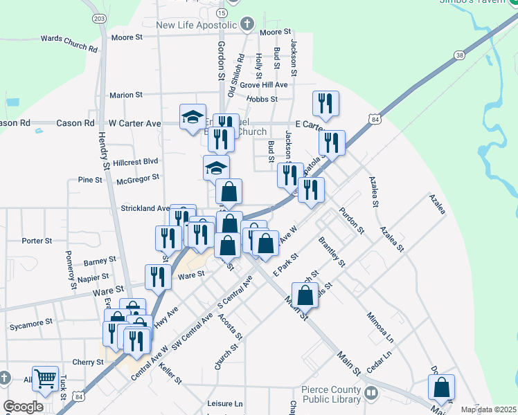map of restaurants, bars, coffee shops, grocery stores, and more near 3586 U.S. 84 in Blackshear