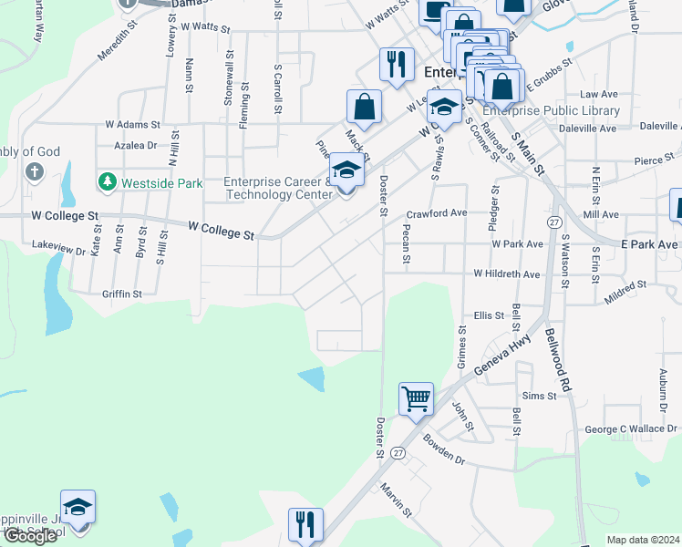 map of restaurants, bars, coffee shops, grocery stores, and more near 804 Goodson Street in Enterprise