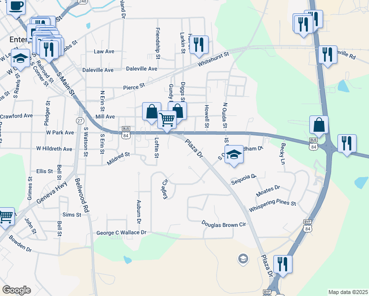 map of restaurants, bars, coffee shops, grocery stores, and more near 108 West Carnegie Lane in Enterprise