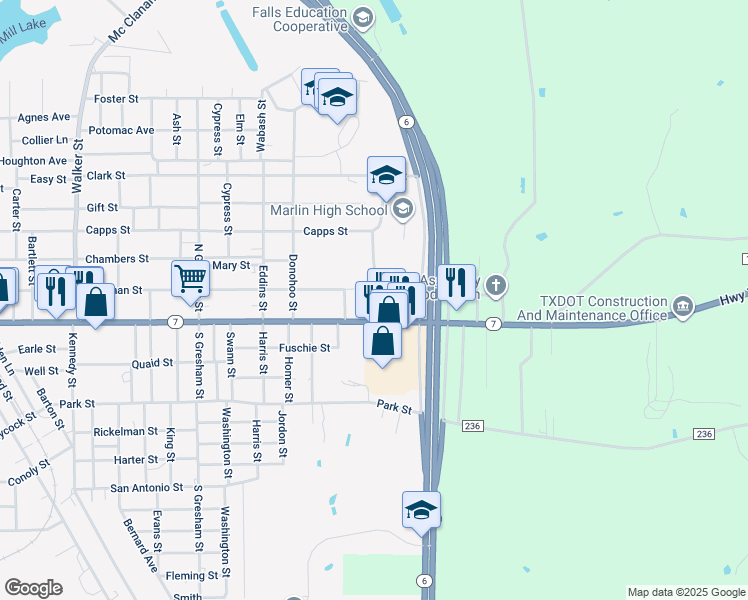 map of restaurants, bars, coffee shops, grocery stores, and more near 1301-1407 Live Oak Street in Marlin