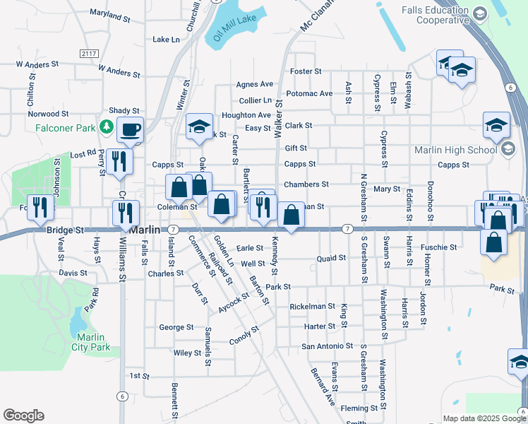 map of restaurants, bars, coffee shops, grocery stores, and more near 423 Live Oak Street in Marlin