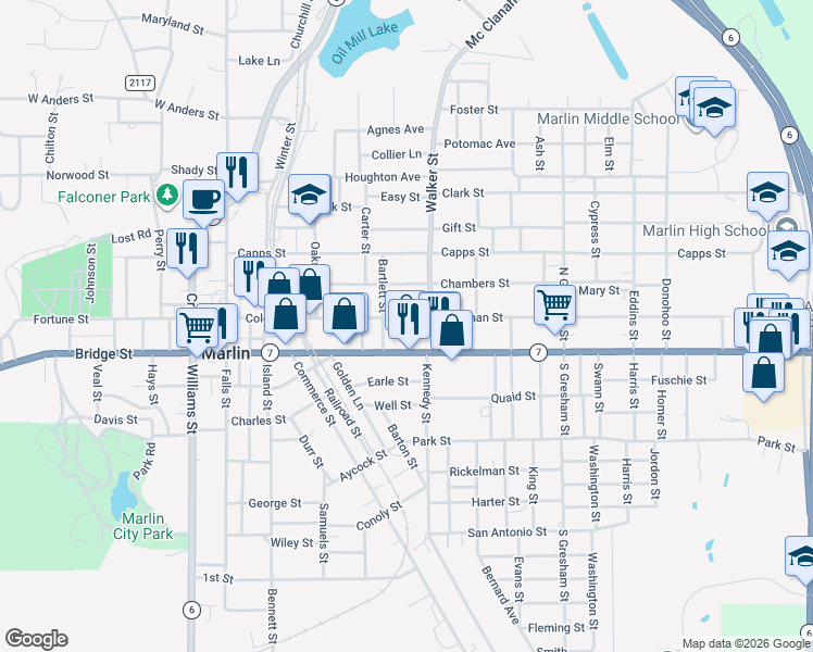 map of restaurants, bars, coffee shops, grocery stores, and more near 423 Live Oak Street in Marlin
