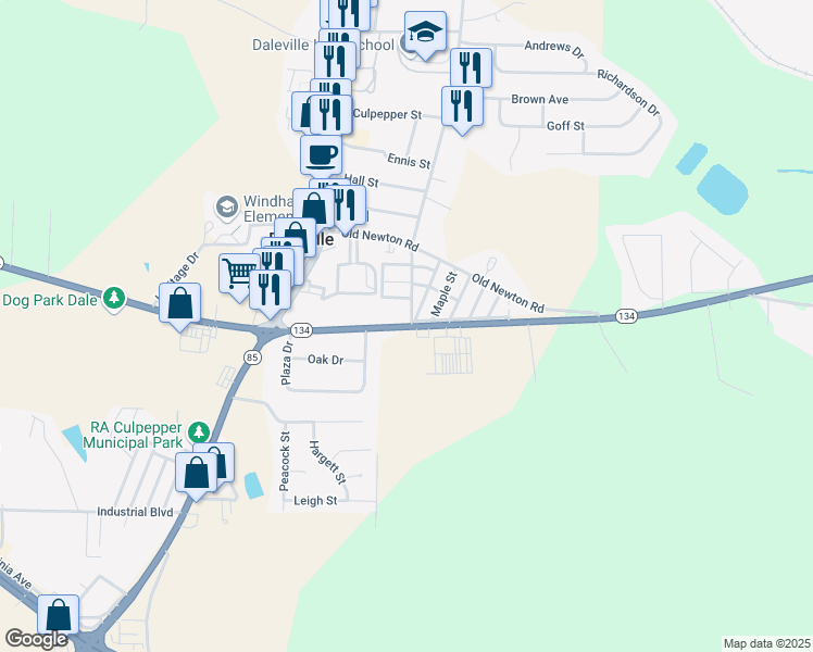 map of restaurants, bars, coffee shops, grocery stores, and more near in Daleville