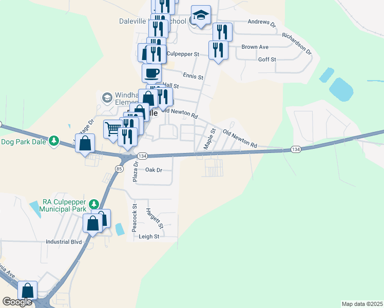 map of restaurants, bars, coffee shops, grocery stores, and more near Donnell Boulevard in Daleville