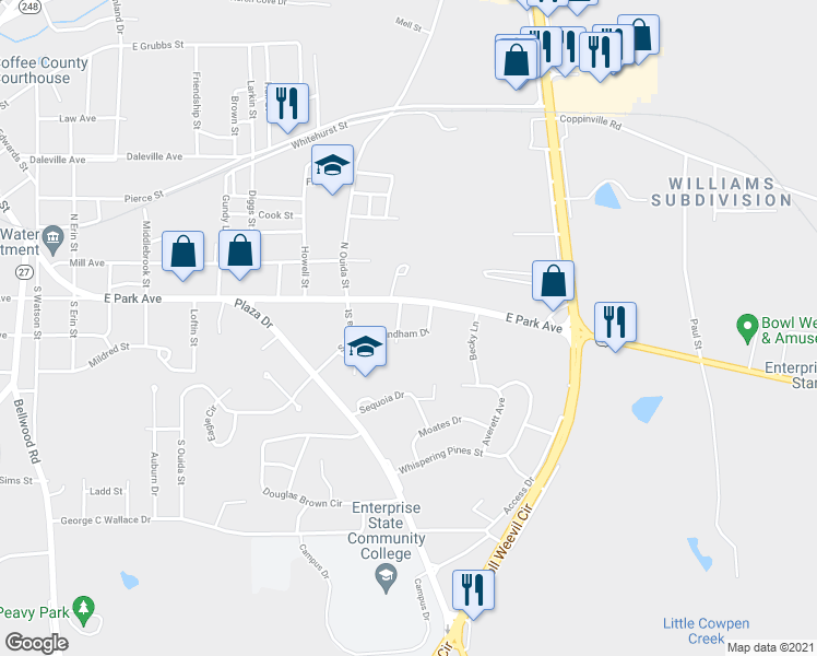 map of restaurants, bars, coffee shops, grocery stores, and more near 203 Windham Drive in Enterprise