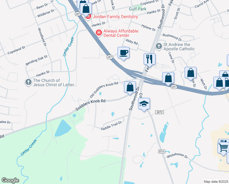 map of restaurants, bars, coffee shops, grocery stores, and more near 1111 Old Gobblers Knob Road in Lufkin