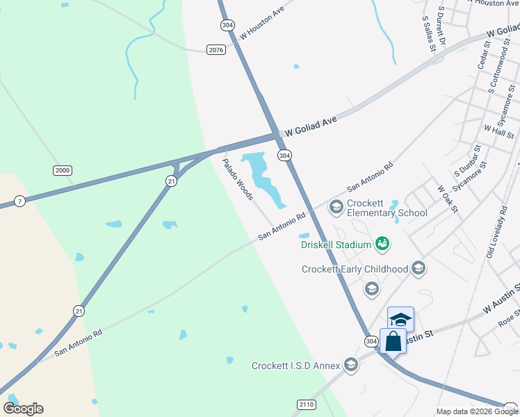 map of restaurants, bars, coffee shops, grocery stores, and more near 223 Palado Woods in Crockett