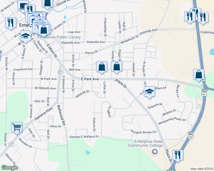 map of restaurants, bars, coffee shops, grocery stores, and more near 608 East Park Avenue in Enterprise
