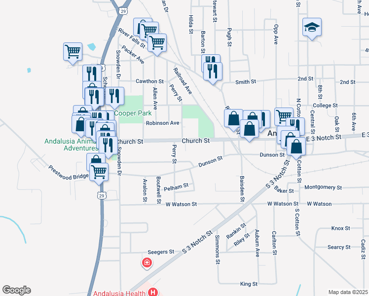 map of restaurants, bars, coffee shops, grocery stores, and more near 301 Church Street in Andalusia