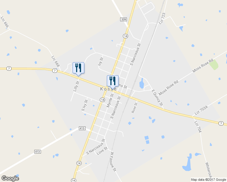 map of restaurants, bars, coffee shops, grocery stores, and more near 301 Washington Street in Kosse