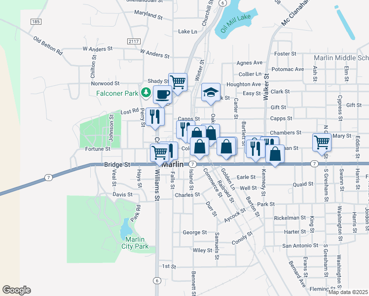 map of restaurants, bars, coffee shops, grocery stores, and more near 129 Coleman Street in Marlin