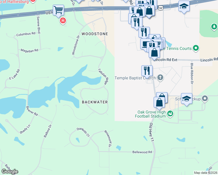 map of restaurants, bars, coffee shops, grocery stores, and more near 248 Tallulah Ridge in Hattiesburg