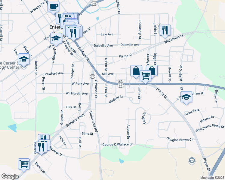 map of restaurants, bars, coffee shops, grocery stores, and more near 314 East Park Avenue in Enterprise