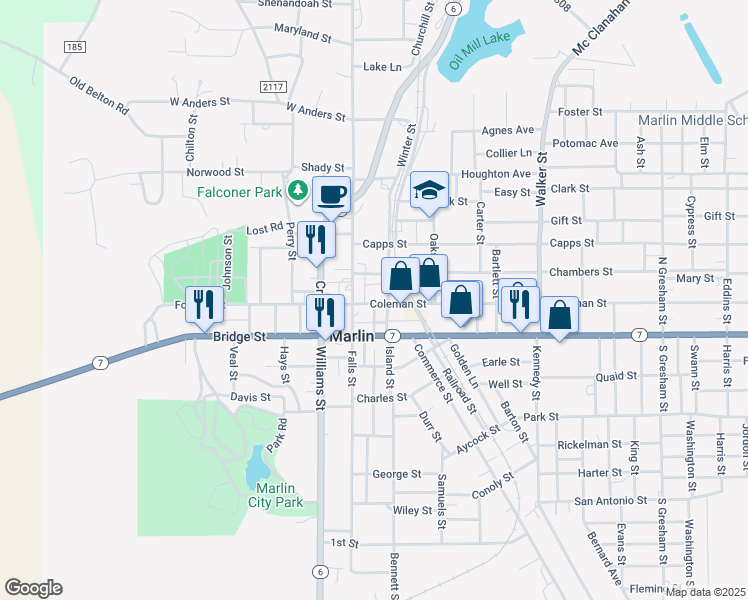 map of restaurants, bars, coffee shops, grocery stores, and more near 129 Coleman Street in Marlin
