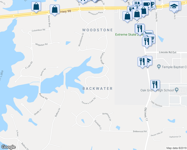 map of restaurants, bars, coffee shops, grocery stores, and more near 122 Tallulah Ridge in Hattiesburg