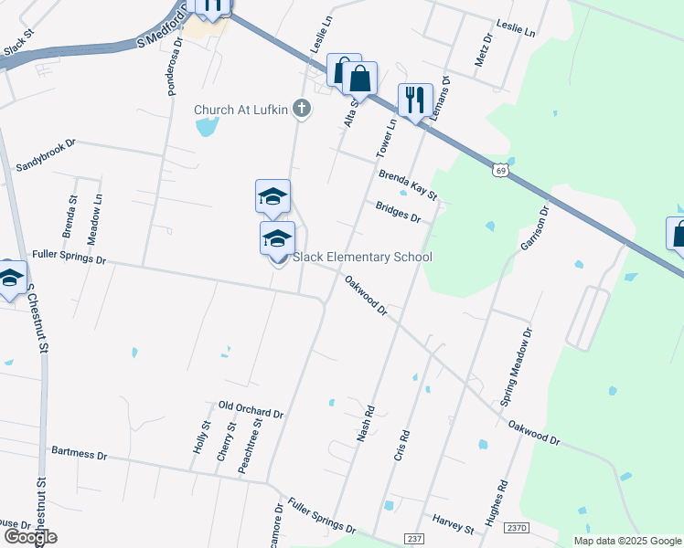 map of restaurants, bars, coffee shops, grocery stores, and more near County Road 236B in Lufkin