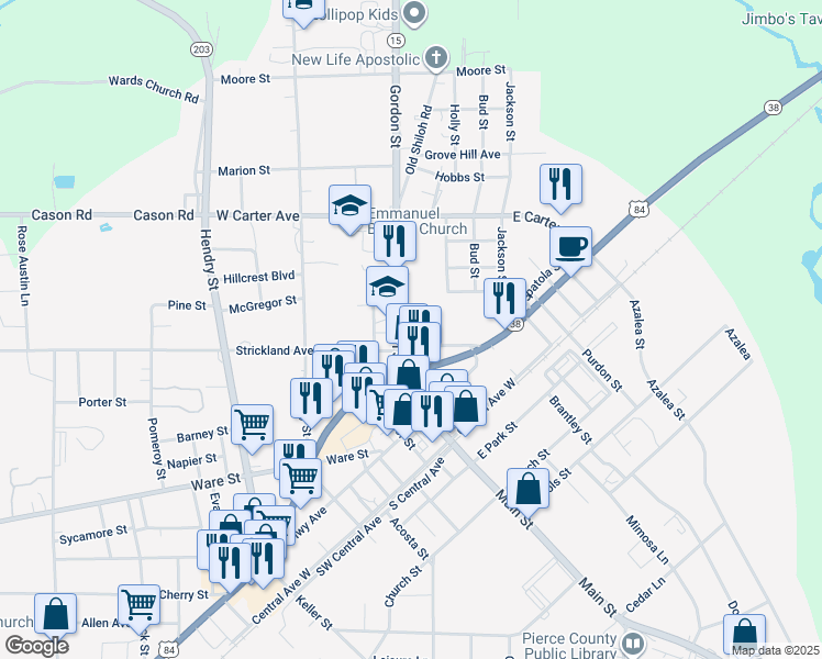 map of restaurants, bars, coffee shops, grocery stores, and more near 428 Gordon Street in Blackshear