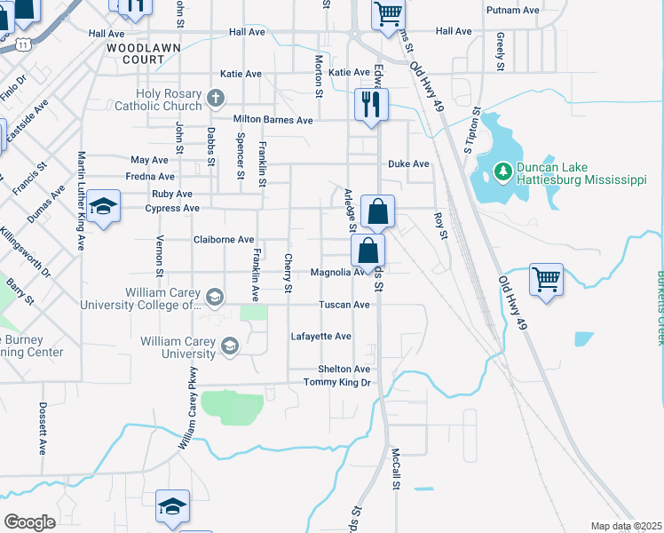 map of restaurants, bars, coffee shops, grocery stores, and more near 214 Chestnut Avenue in Hattiesburg