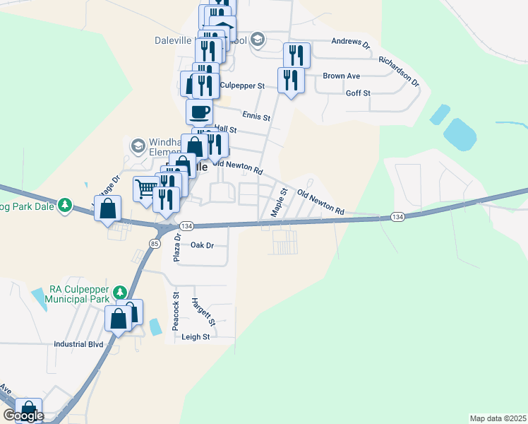 map of restaurants, bars, coffee shops, grocery stores, and more near Donnell Boulevard in Daleville
