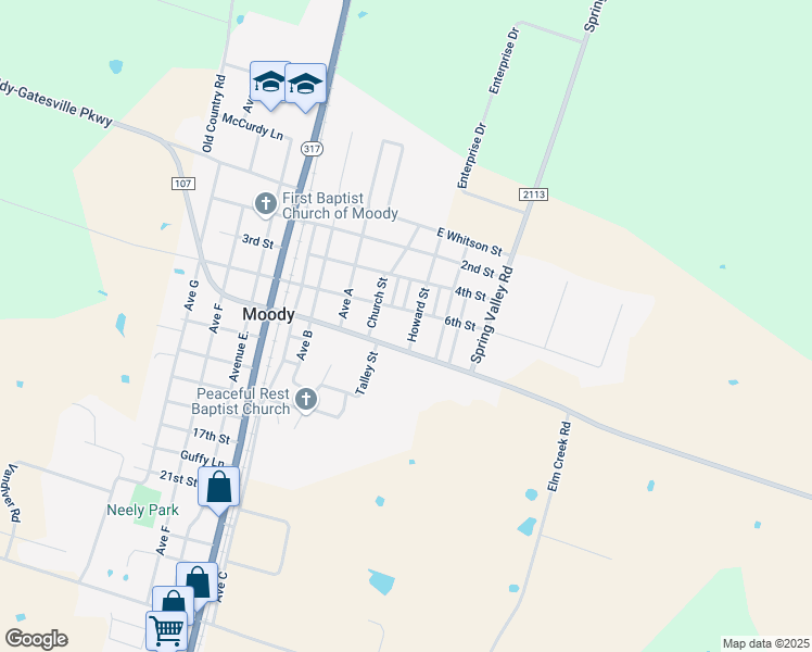 map of restaurants, bars, coffee shops, grocery stores, and more near 400 Howard Street in Moody