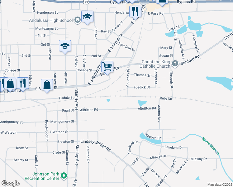 map of restaurants, bars, coffee shops, grocery stores, and more near Owens Street in Andalusia